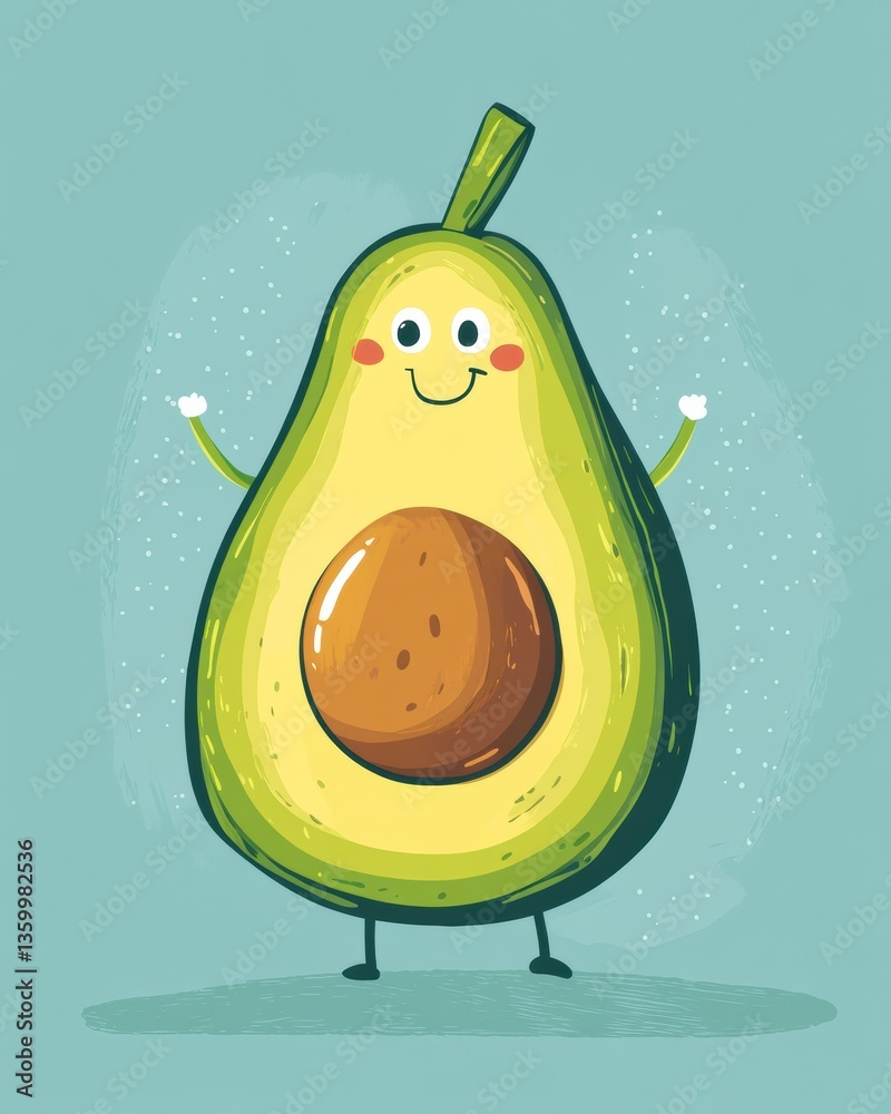 Fototapete humorous cartoon avocado enjoys shopping with a large grocery bag in a playful pastel background for