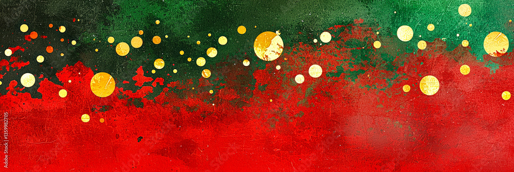 Leinwandbilder This vibrant abstract artwork showcases a dynamic blend of red and green hues scattered with golden orbs, creating a festive and joyful atmosphere that sparks imagination