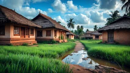 Charming village house amidst lush greenery and blue sky