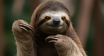 Fototapeta premium A cute sloth looking directly at the viewer and smiling slightly