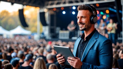Confident event organizer managing a live music festival