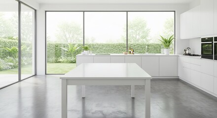 Modern white kitchen design minimalist aesthetic bright natural light. AI Generated