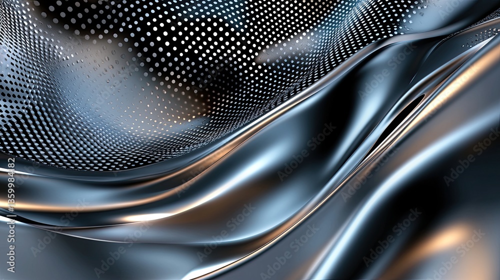 Poster abstract representation of a futuristic network with glowing lines and a shiny silver mesh surface i