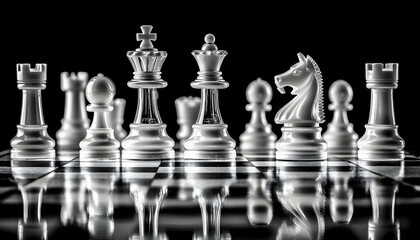 Chess pieces on a board in a close-up strategic view  -