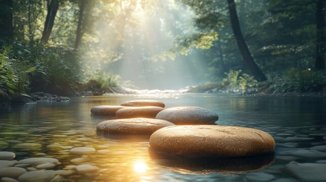 Serene path through a tranquil forest stream. Sunlight streams through the trees.  Smooth stones form a natural stepping-stone pathway across the water