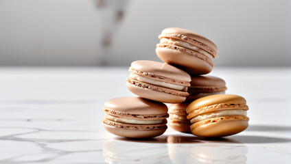 Macarons de couleurs café sur fond blanc