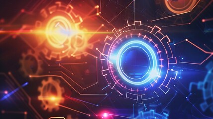 Obraz premium Abstract futuristic background with glowing digital elements and gears, creating an immersive technology concept.