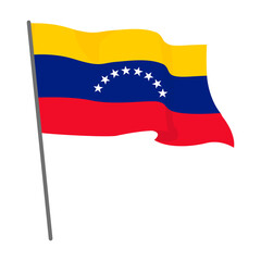 Flag Venezuela fluttering. Official flag Venezuela flies on flagpole. Independence Day. Banner, flyer, poster template. National flag Venezuela with coat arms. Wavy flag Venezuela.