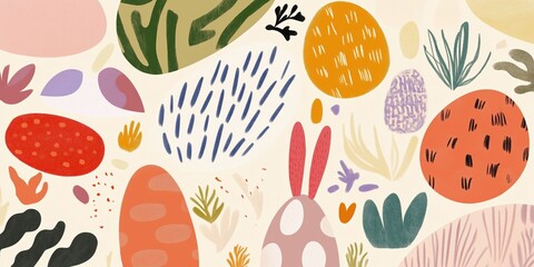 Banner with abstract elements for Easter, in doodle style, bunny, eggs, flowers, branch, footprints, spots. Simple flat vector style