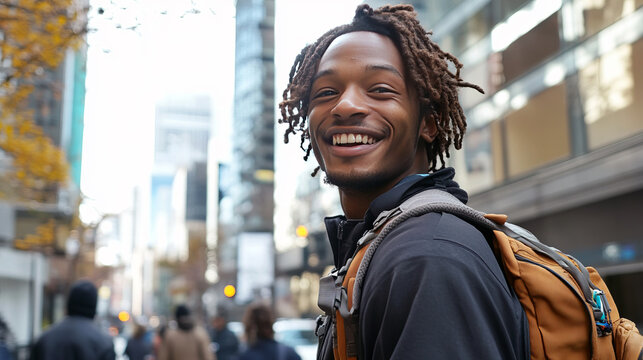 A man with dreadlocks is smiling and wearing a backpack