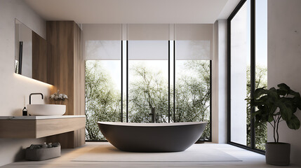 A bathroom with a large bathtub and a potted plant