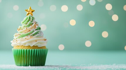 Christmas tree cupcake on a light green background with bokeh  