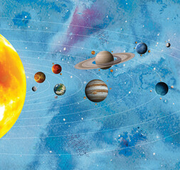 Watercolor Space Illustration with Solar System Planets and Orbits - Artistic Cosmic Background with Saturn, Jupiter, Mars, Earth, and the Sun © csinie1