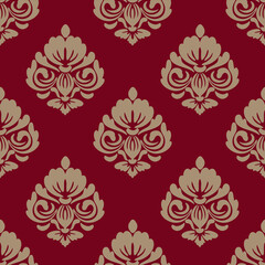 Damask seamless pattern, gold floral and red background, vector illustration elegant for textile, wall paper, bedding, curtains, cushion, scarf, rug, wrapping, decoration, vintage, luxury style
