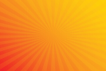 Retro orange sun rays on yellow halftone pattern background. Dotted or noise texture. Bright pixel art comic and pop-up design. Vector wall for poster, banner, advertising.
