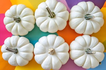 Six White Pumpkins on Vibrant Colorful Background