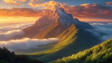 Mountain peak emerging through clouds, green valley, colorful sky view