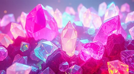 Vibrant crystal formations glowing in pink and blue hues atop dark rocks