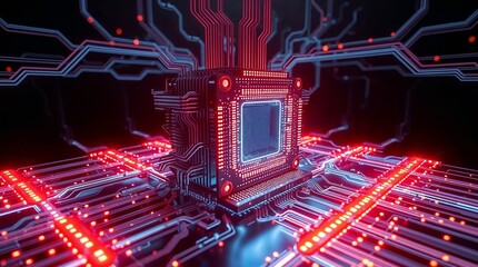 Futuristic microchip surrounded by glowing circuit patterns in vibrant red and blue