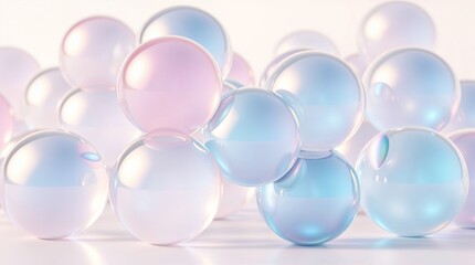 Colorful pastel bubble composition, glossy texture, playful design, copy space