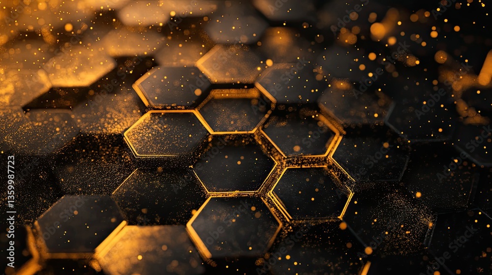 Poster science and technology-inspired hexagonal honeycomb design with digital particles floating in space.