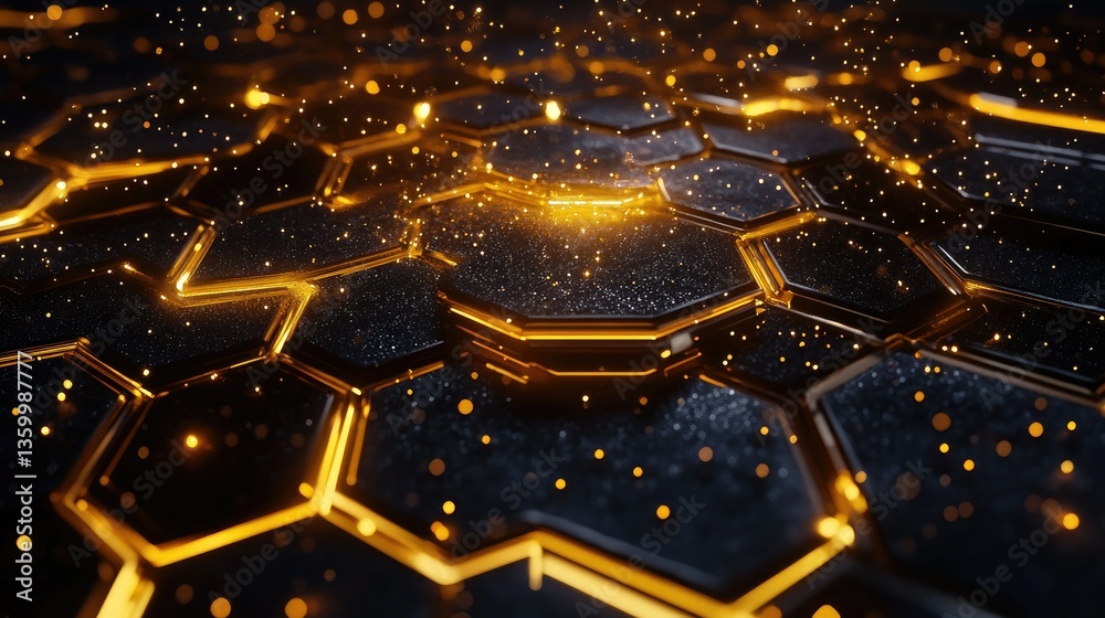 Poster science and technology-inspired hexagonal honeycomb design with digital particles floating in space.