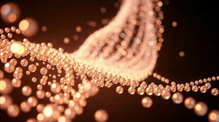 Abstract golden particles floating in a wavy pattern on a dark background
