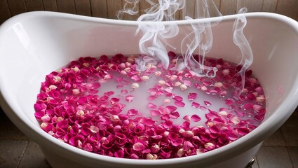 Relaxing bath with rose petals and steam in a white bathtub