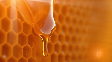 Golden honey dripping from a honeycomb with a smooth texture