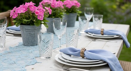 Fototapeta premium Elegant outdoor dining setup with crystal glassware and floral accents 