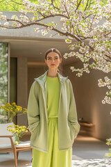 Obraz premium Beautiful Young Caucasian Woman Green Outfit Cherry Blossom Tree Spring Fashion Portrait