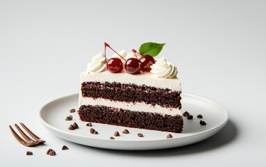 A slice of delicious chocolate cake with whipped cream and cherries, served on a white plate with a fork. Cocoa nibs are scattered around the plate, adding a touch of elegance to the presentation