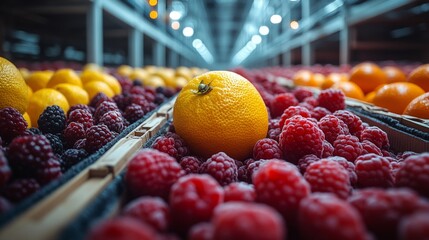 Vibrant fruits are organized in a cold storage warehouse, showcasing efficient inventory management for perishable goods under climate control settings to ensure quality and freshness.