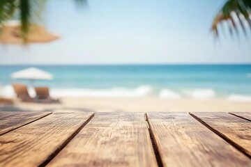 Fototapeta premium Empty wood table top and blurred summer beach in tropical resort banner background can used for display or montage your products.