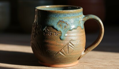 Close-up of a handmade ceramic mug with blue and brown glaze details.
