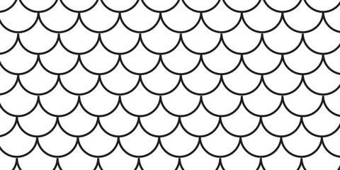 Fish scale wallpaper. Asian traditional ornament with repeated scallops. Repeated black curves on white background. Seamless surface pattern design with semicircles. Grid motif. Digital paper. Vector.