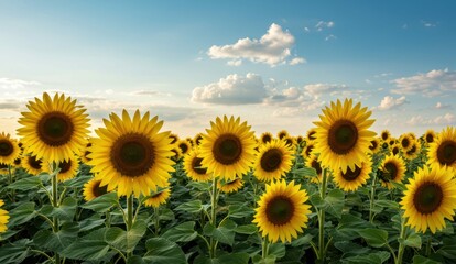 Fototapeta premium Field of golden sunflowers against a sunny, blue sky with light clouds.