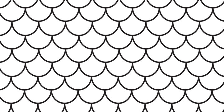 Fish scale wallpaper. Asian traditional ornament with repeated scallops. Repeated black curves on white background. Seamless surface pattern design with semicircles. Grid motif. Digital paper. Vector.