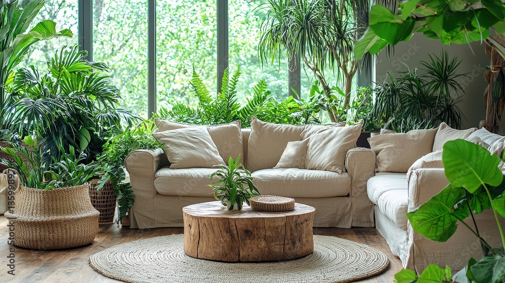 Aufkleber the inviting living area features a light-colored sofa surrounded by vibrant greenery and natural su