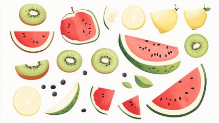 Sliced summer fruits, watermelon, kiwi, lemon, background white, food blog