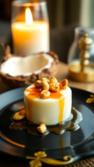 A closeup of a luxurious Sri Lankan coconut watalappan with cashew 