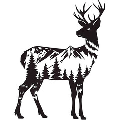 deer. deer silhouette vector illustration. Black silhouette of wild forest woods animal deer and forest fir spruce trees