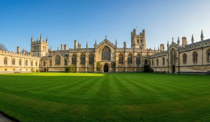 Fototapeta premium Oxford college courtyard, striking architecture with green lawn and blue sky