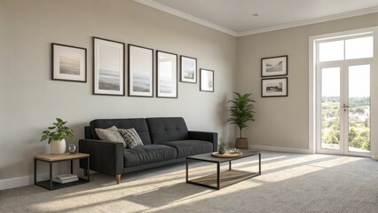 Fototapeta premium Bright modern living room with a black sofa, neutral walls, wall art, large window, and minimal Scandinavian-style decor.