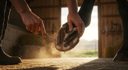 Cleaning Horse Hoof with Tool Inside Barn Agriculture Farm Setting
