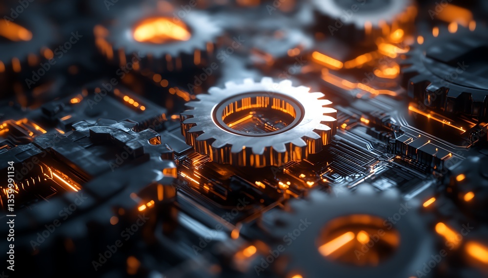 Poster interconnected gears with glowing circuitry patterns, representing the synergy of technology and bus