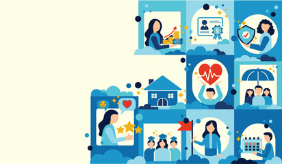 Employee engagement and benefits cartoon icons including healthcare, insurance, vacation, financial perks, workplace incentives, and compensation strategy. Incentive motivation for corporate company.