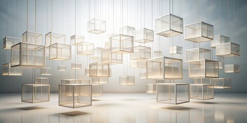 Suspended Glass Cubes An Abstract Installation of Illuminated Geometric Forms in a Minimalist Setting