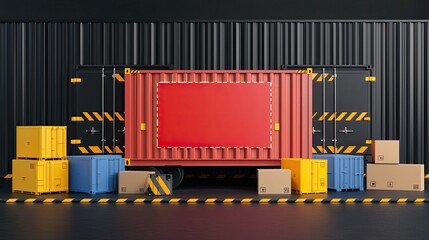 3D rendering of a customs checkpoint with a red sign and various sized shipping boxes.