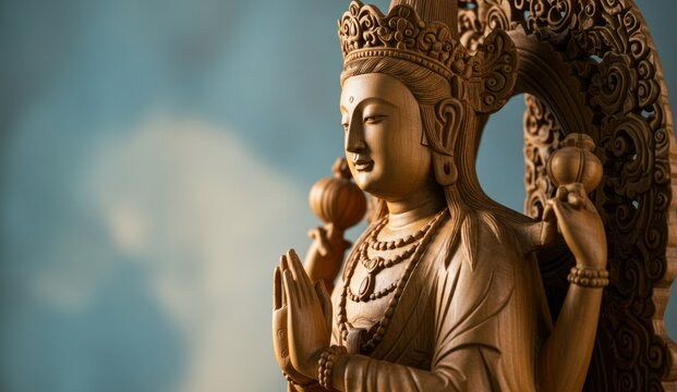 A serene carved wooden Buddha statue with hands clasped in prayer. - Powered by Adobe